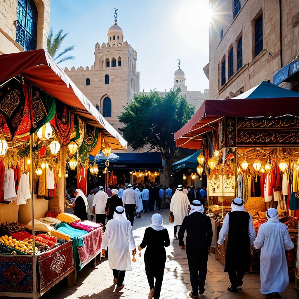 A vibrant scene depicting Arab American entrepreneurs in a lively marketplace, exchanging ideas and showcasing their products amidst a backdrop of cultural landmarks symbolizing cross-cultural collaboration. Diverse individuals engaging in discussions, with colorful stalls representing various cultures. Sunlight casting a warm glow to evoke a sense of hope and collaboration. super-realistic. vibrant colors.