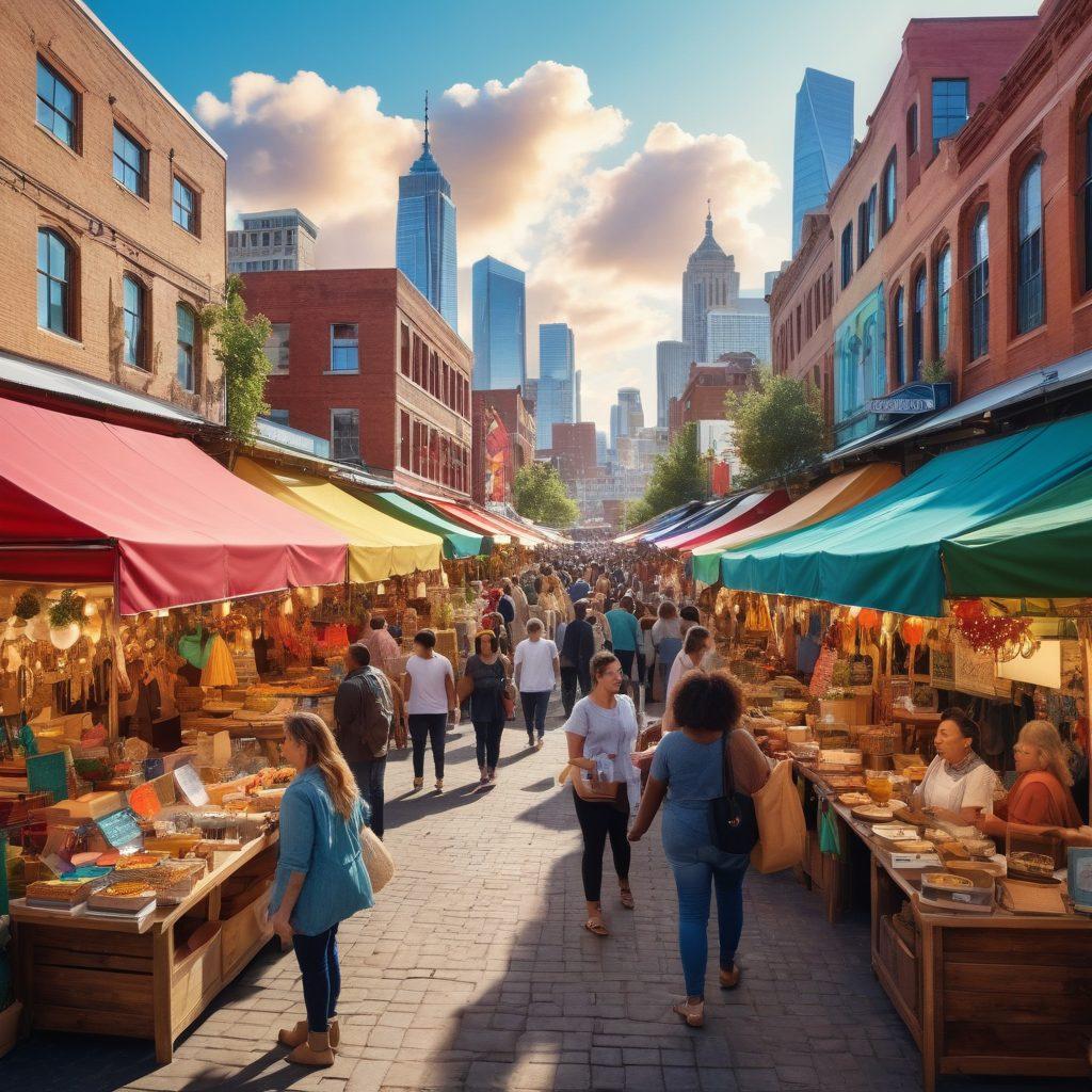 A diverse group of small business owners collaborating in a vibrant community market, showcasing their unique products and cultures. Colorful stalls filled with handmade crafts, delicious food, and local artwork. Highlight a sense of teamwork and empowerment, with smiles and enthusiasm among the participants. The background features an urban skyline, symbolizing economic growth and opportunity. super-realistic. vibrant colors. 3D.